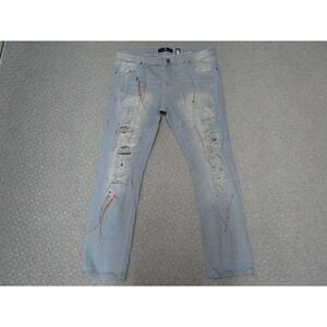 Focus Jeans Mens 42x32 Blue Light Wash Distressed Paint Splatter Denim Pants